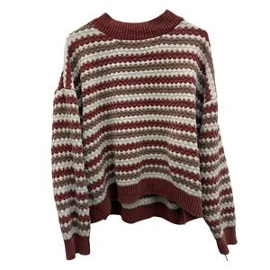 Line & Dot Women Striped Chenille Mock Neck Sweater Size L Burgundy Brown Cream